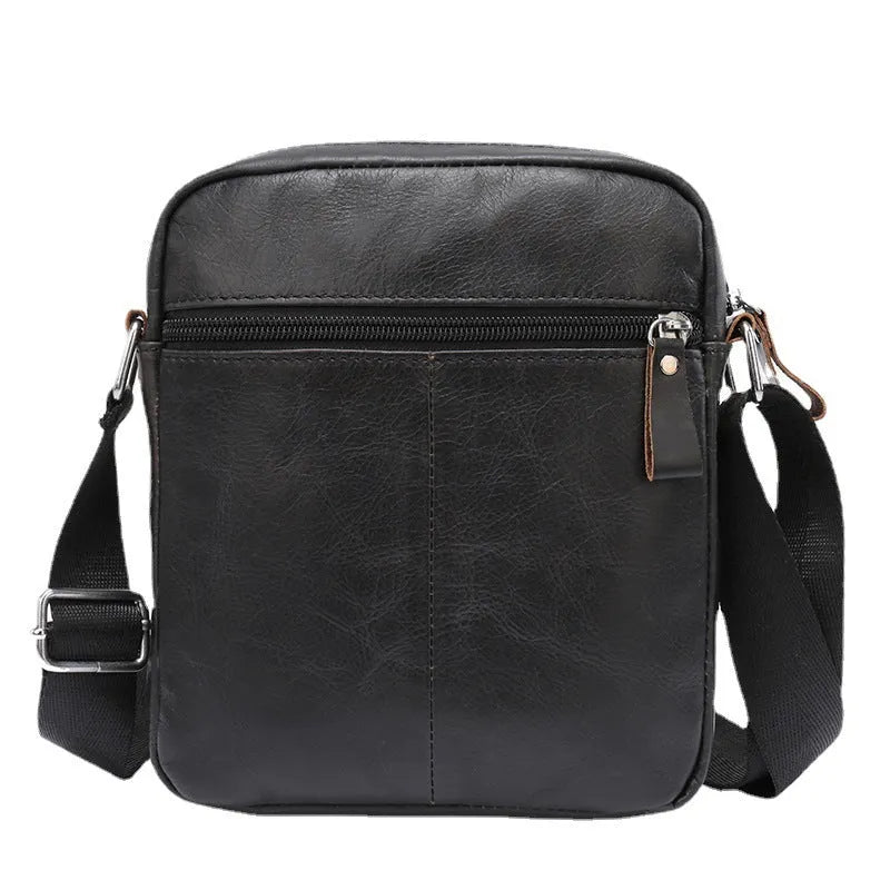 Black genuine leather messenger bag for boys with retro styling and crossbody strap