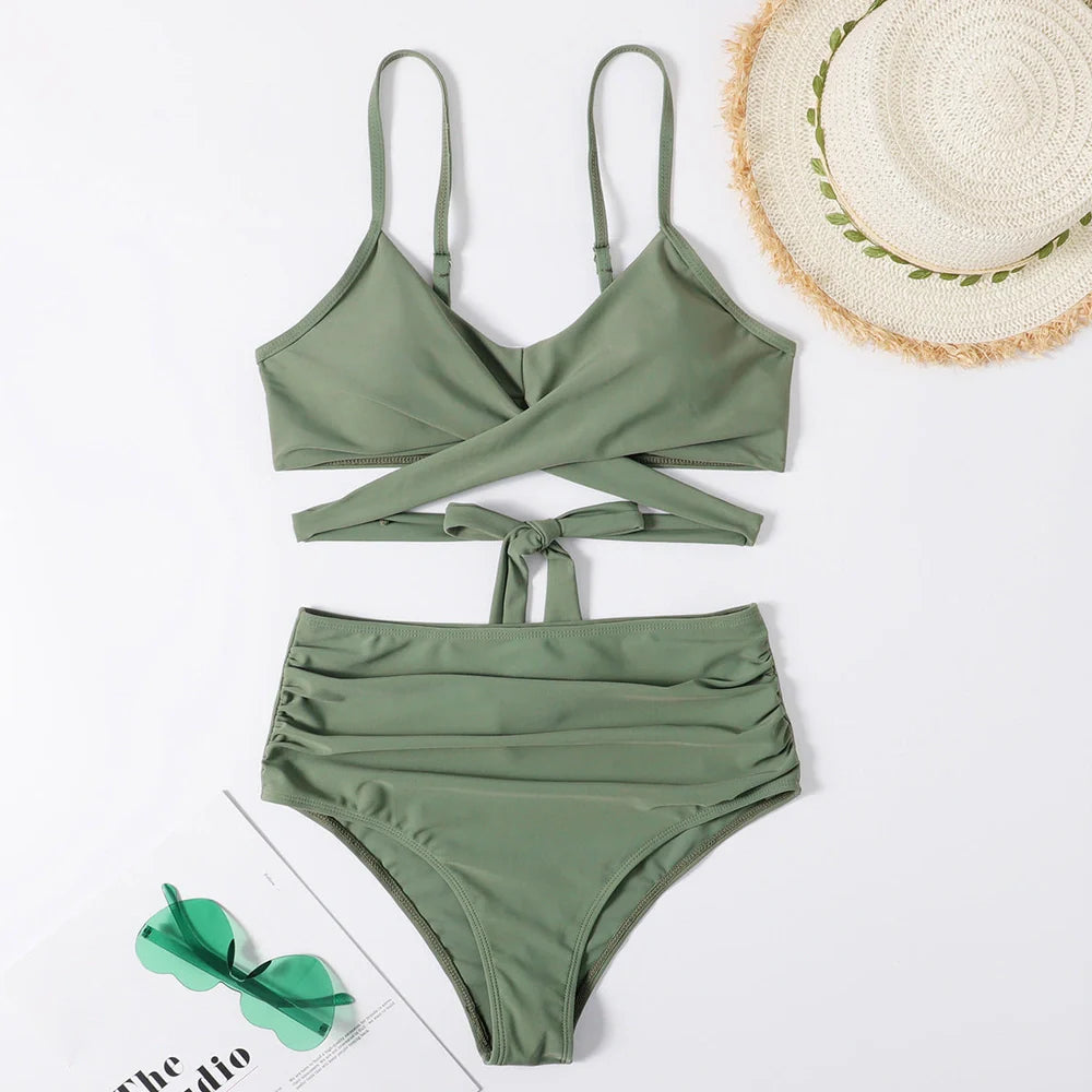 Spa ladies split bikini swimwear in multicolor stripes with nylon fabric, showing six colour options