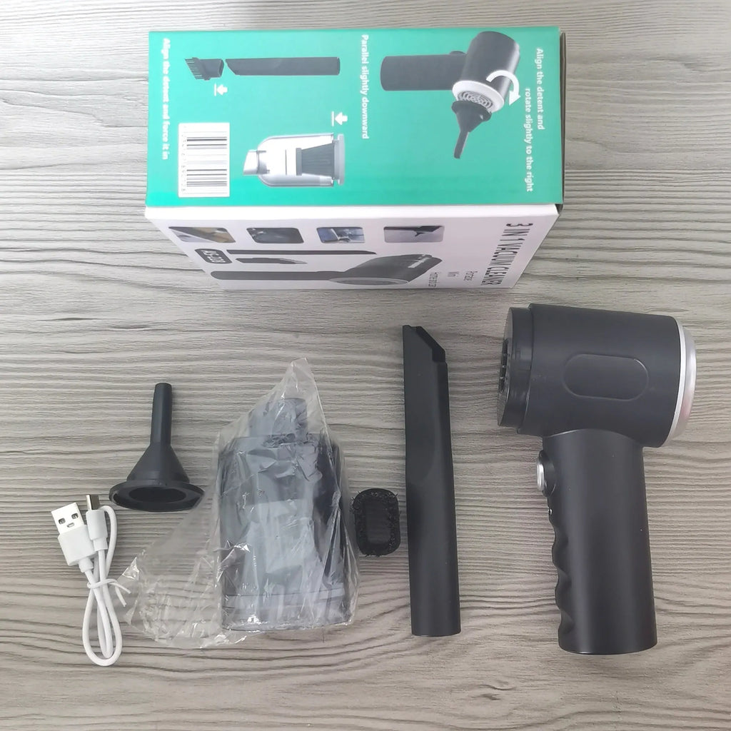 AS-228 Black handheld car cleaner with transparent cover, rechargeable battery, and USB charging cable