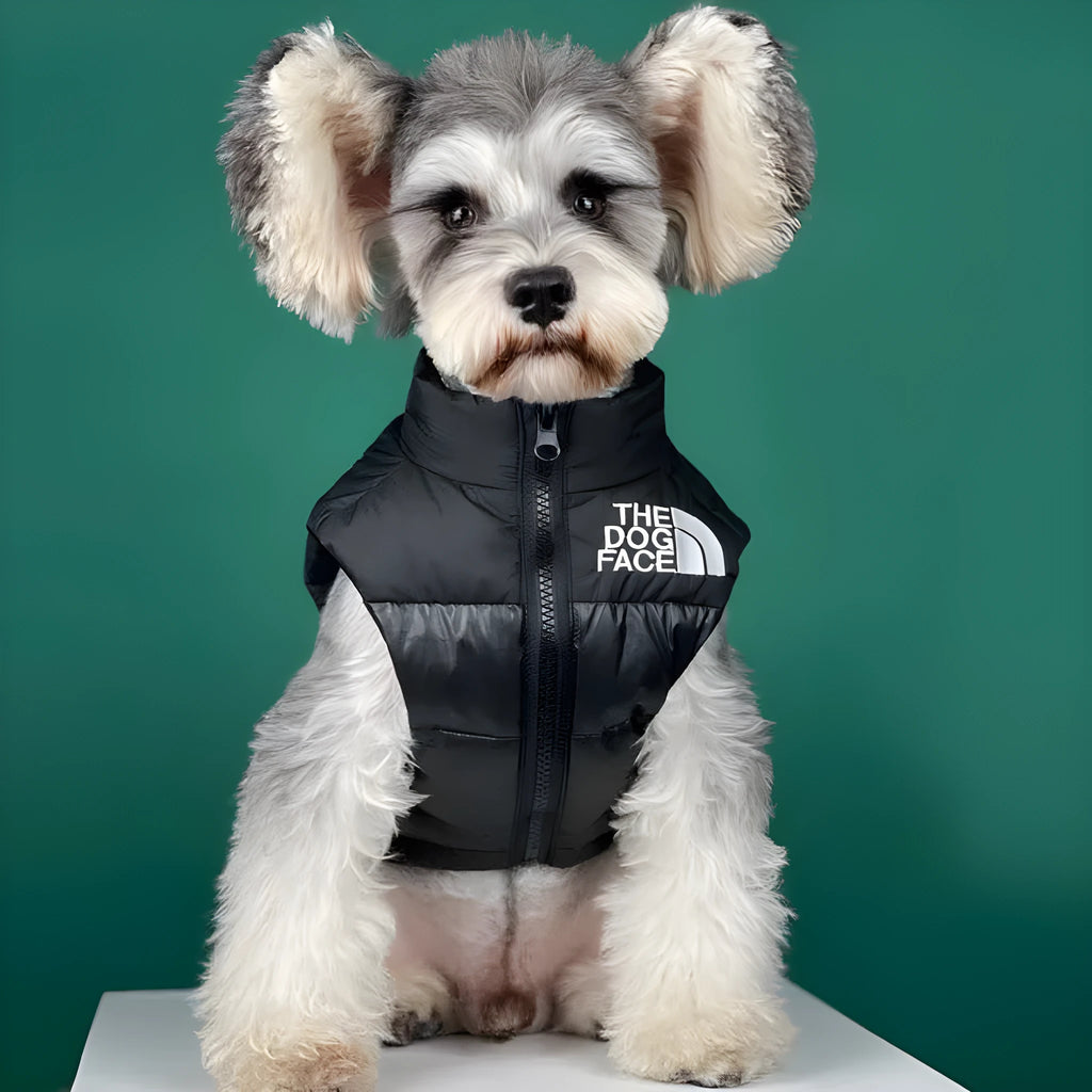 Thick warm down vest for dogs in black, showing side view, sizes S to XXL