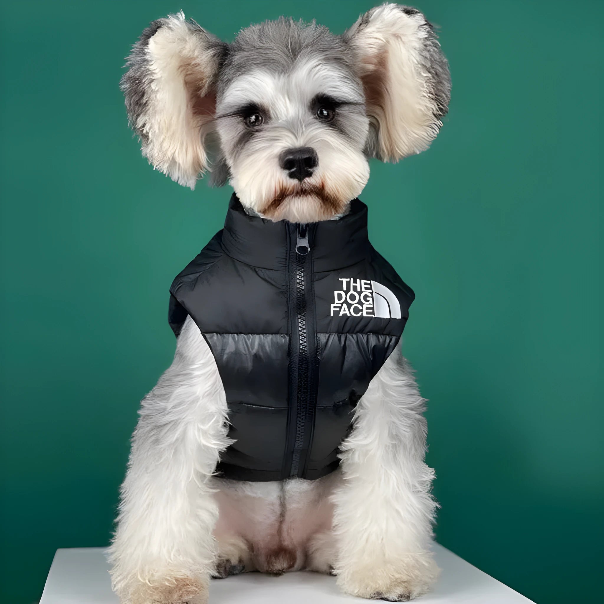 Thick warm down vest for dogs in black, showing side view, sizes S to XXL