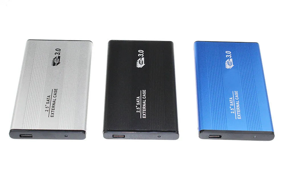 Black metal external hard drive enclosure for 2.5 inch SATA drives with USB 3.0 and pouch