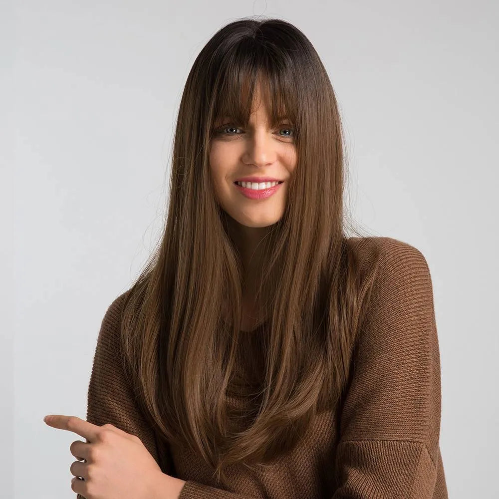 Women's long straight wig with Qi bangs in black gradient brown on a mannequin head