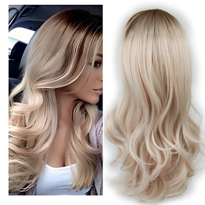 Women long curly blonde ombre wig with black roots, 61cm length, synthetic heat-resistant fibre for cosplay