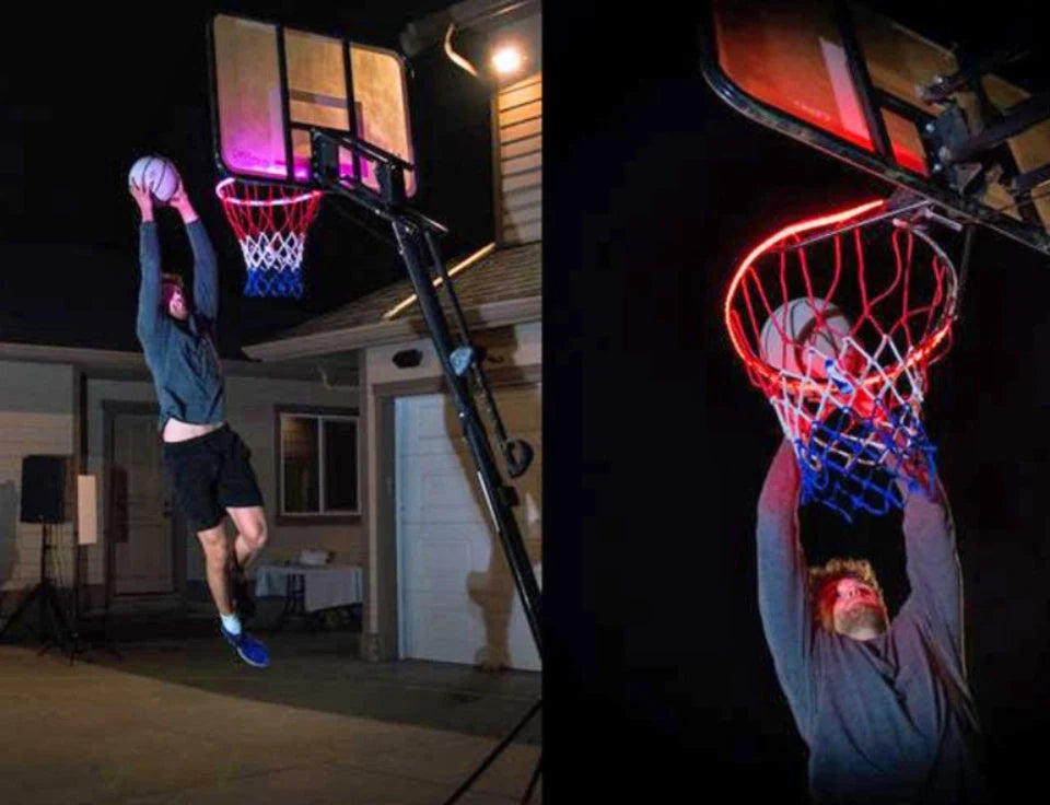 Induction Color Changing Basketball Frame Light attached to a basketball rim, illuminating at night
