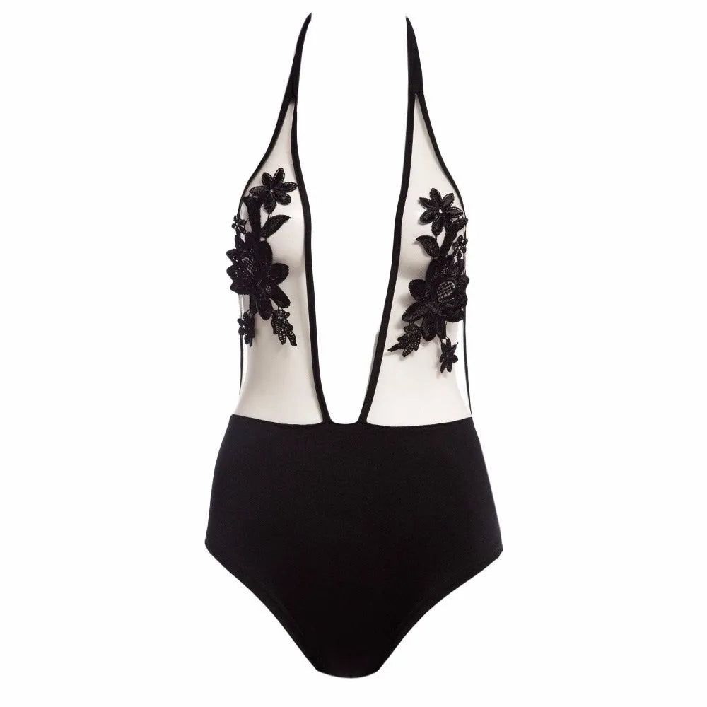 Embroidered halter sexy lingerie siamese bikini in polyester fabric women's swimwear set