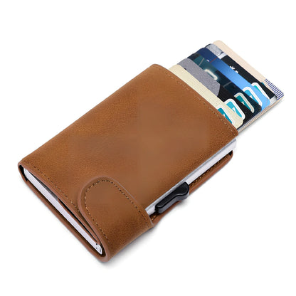 Black Crazy Horse leather aluminium card case wallet, 9.5 cm slim design with magnetic buckle and coin slot