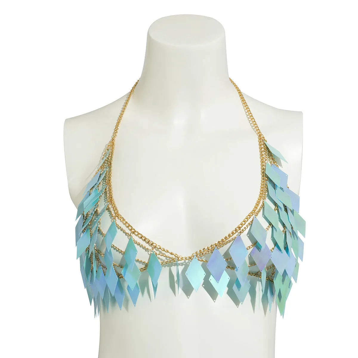 Geometric plastic body chain in orange with electroplated finish for women on a white background