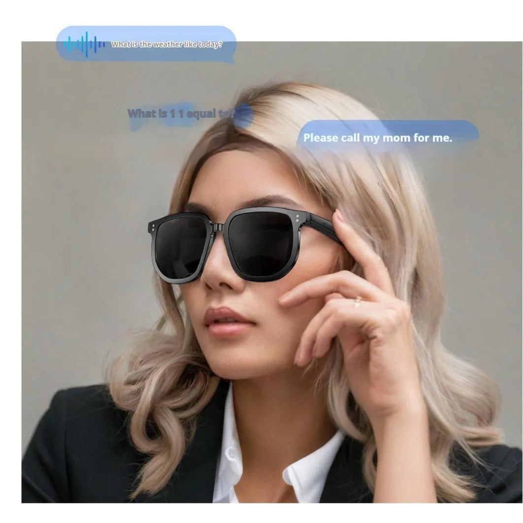 Black AI smart glasses with Bluetooth audio, touch controls, and UV protection lenses.