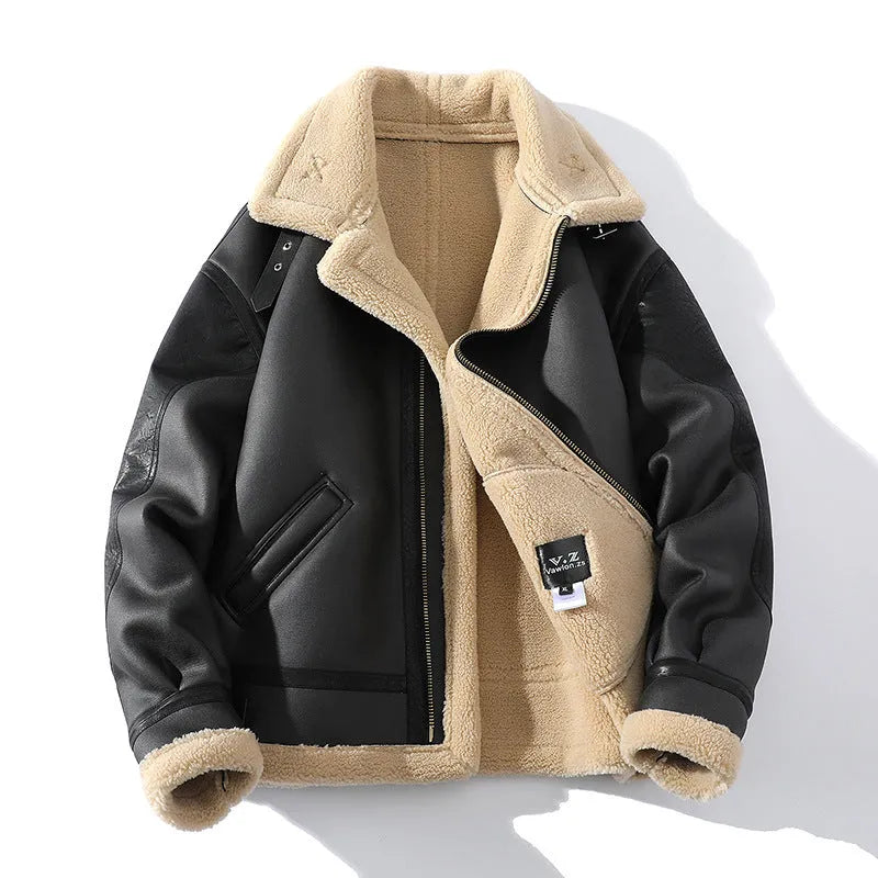Men's winter fleece-lined short sheepskin PU leather coat in black, retro style, sizes M to 5XL
