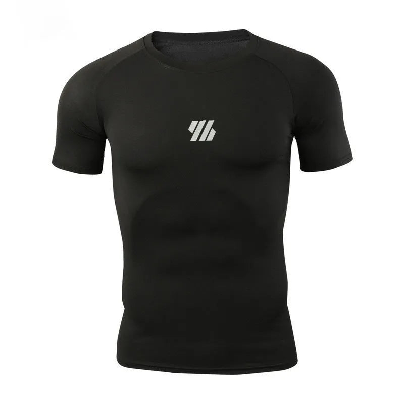 Men's quick-drying compressed top in solid colour polyester fabric for training and running, available in black white light pink navy blue sizes M to 3XL