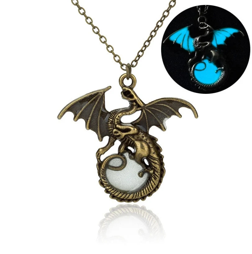 Glowing Vintage Flying Dragon Necklace with luminous pendant in ancient bronze and silver plating options
