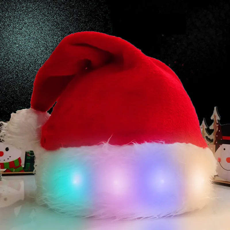 Red and white plush Santa Christmas hat with LED lights illuminated, featuring a pom-pom and stretchy spandex band.