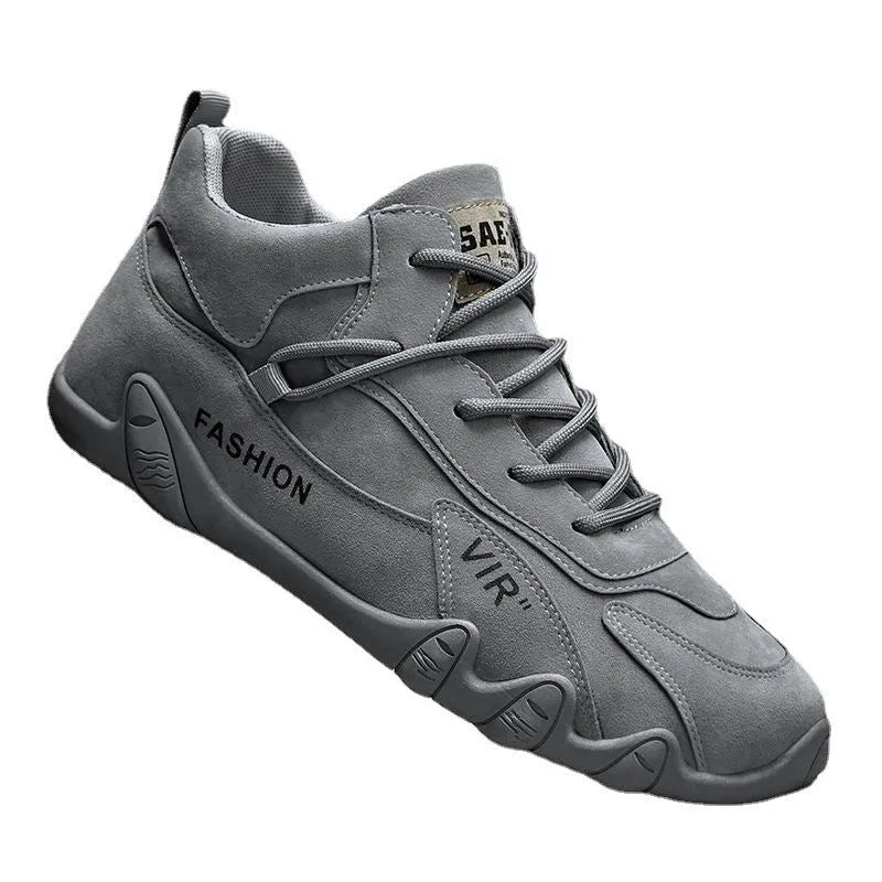 Men's grey low-cut casual shoes with elastic band and synthetic leather upper.