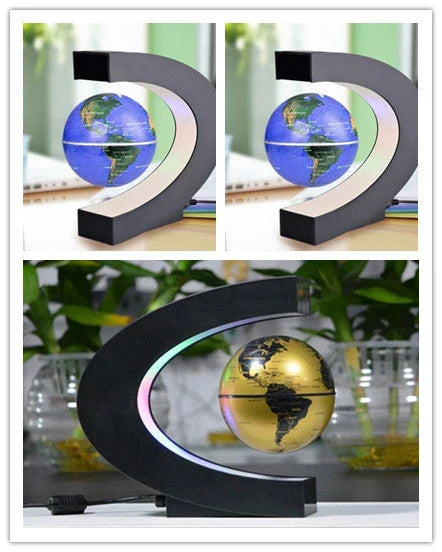 Magnetic levitation globe floating above base with LED light on