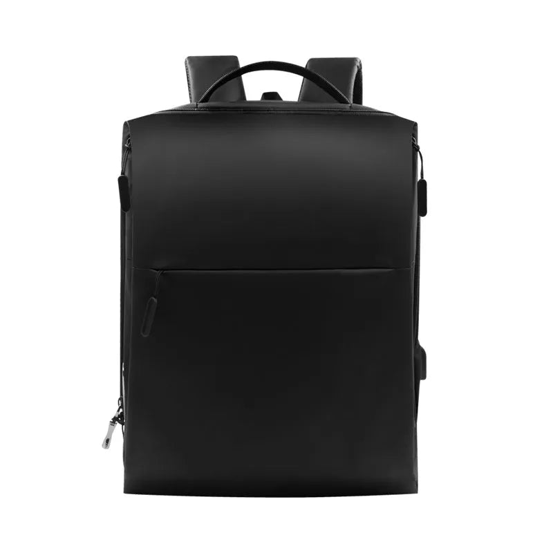 Black anti-splash polyester laptop backpack with car stitching detail and zipper closure, unisex