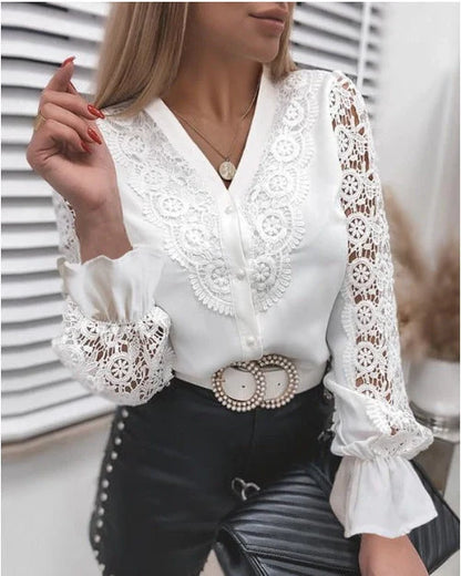 Women's lace long sleeve V-neck button shirt with floral panel and lace flare sleeves