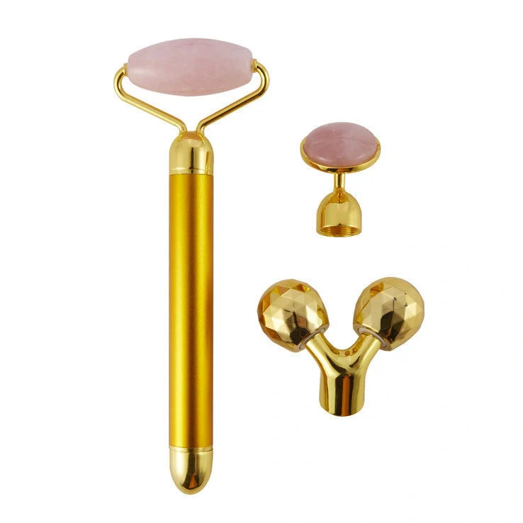 3-in-1 vibrating facial jade roller set with rose quartz stone and 3 replaceable heads