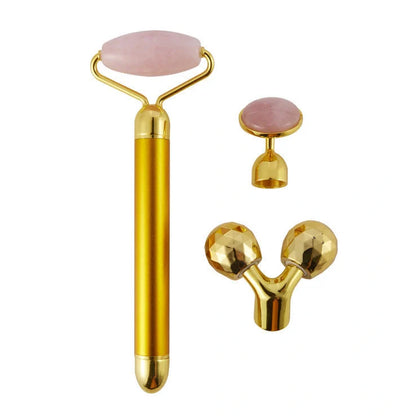 3-in-1 vibrating facial jade roller set with rose quartz stone and 3 replaceable heads