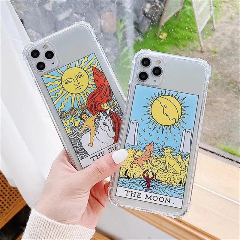 Creative Mythology Comic silicone TPU phone case in Sun and Moon colours for various iPhone models.