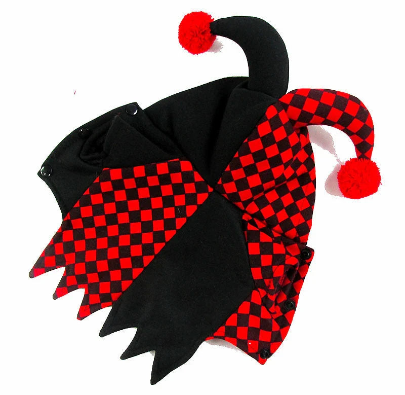 Halloween funny clown costume for dogs and cats, black and red design, includes hat and shirt