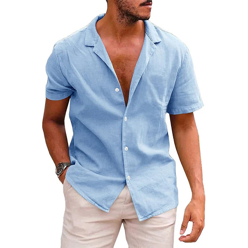 Men's linen-cotton blend short sleeve summer shirt in various colours