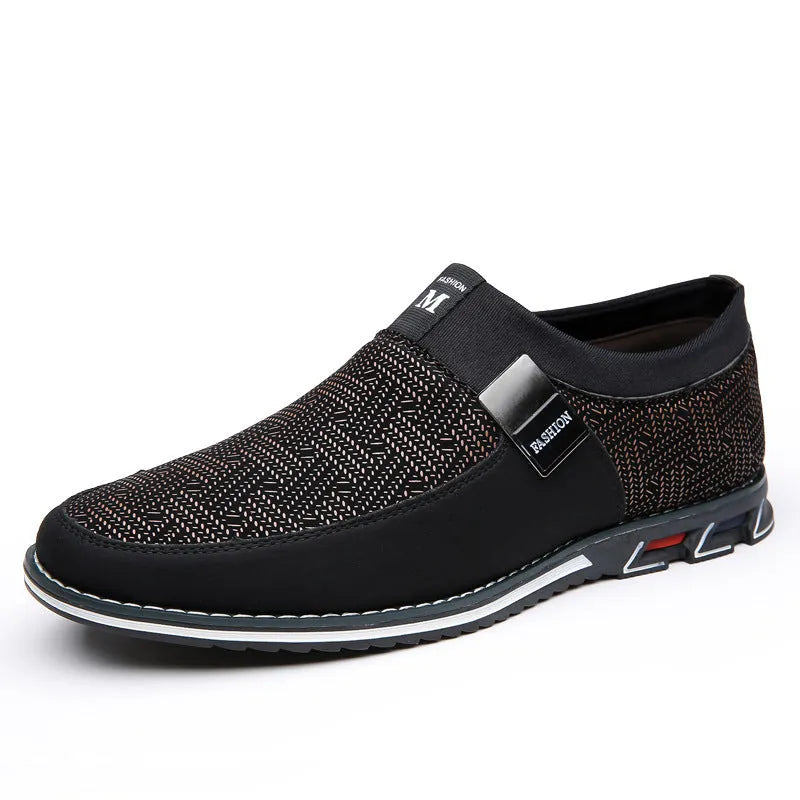 Men's black synthetic leather slip-on casual shoes with a square toe and flat rubber sole.