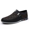 Men's black synthetic leather slip-on casual shoes with a square toe and flat rubber sole.