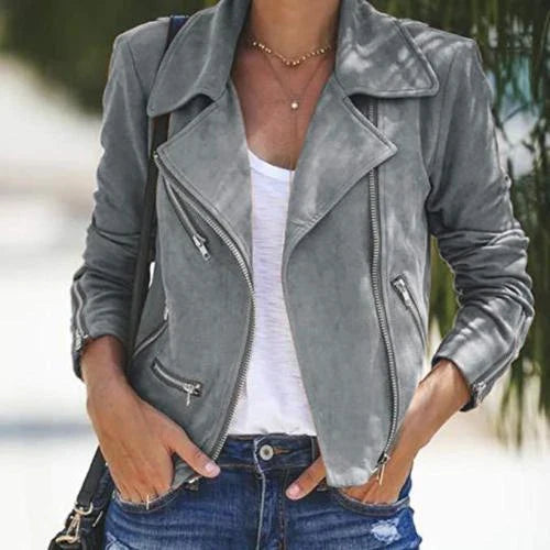 Women's lapel and diagonal zipper short casual coat in various colors