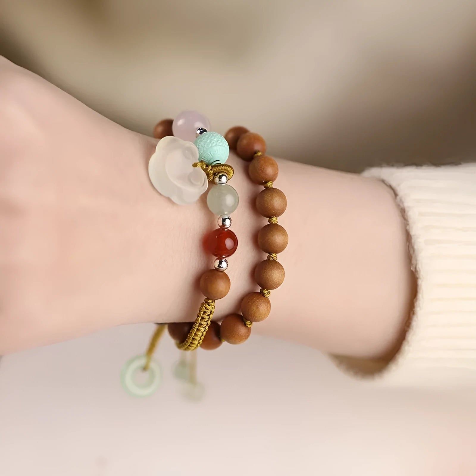 Hand-woven ebony wood bracelet with gemstone elements in double ring national style design