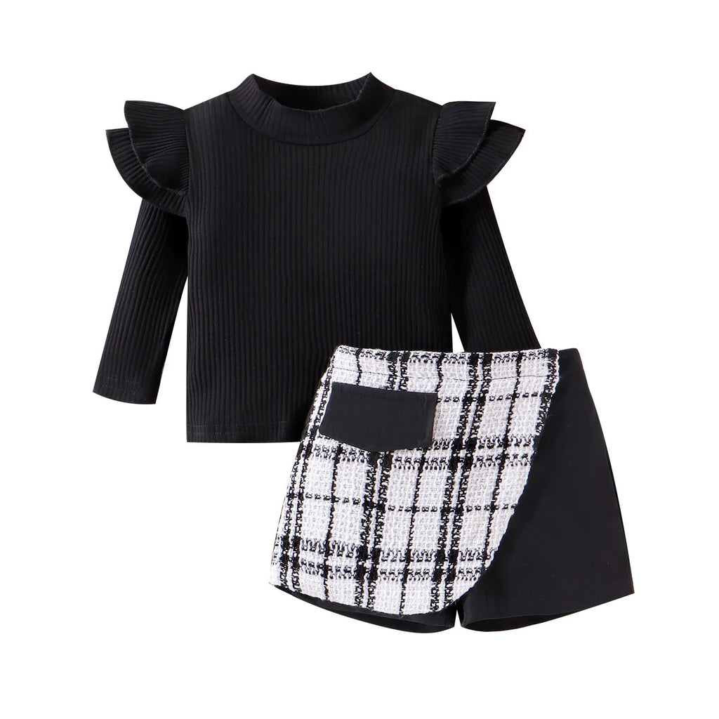 Girls' cotton skirt set two-piece with long sleeves, pullover style, in pink and black