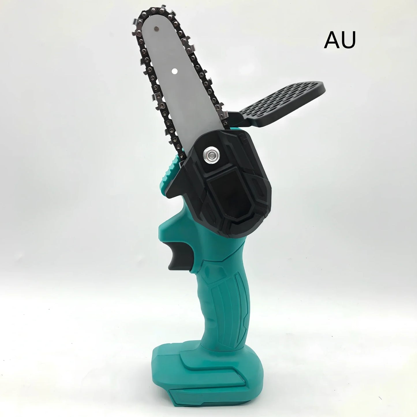 Black 4-inch rechargeable electric chainsaw with steel chain and bare metal body for garden pruning, 1000W power