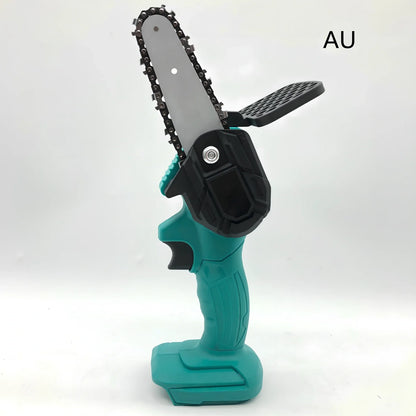 Black 4-inch rechargeable electric chainsaw with steel chain and bare metal body for garden pruning, 1000W power