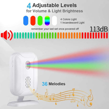 Wireless security door chime with 280-metre range, 5 modes, and adjustable alarm and lighting features