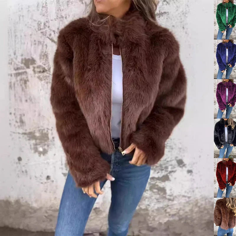 Women's winter plush jacket with stand collar and zipper in various colours