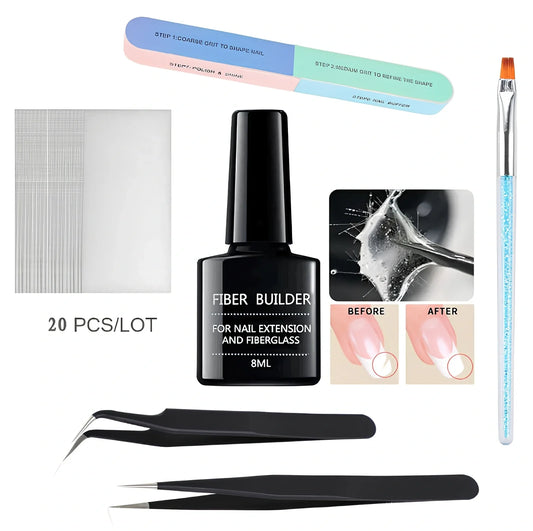 20 units silk fiberglass nail extension pieces 8cm x 4cm with 8ml glue and scrub file for UV DIY manicures