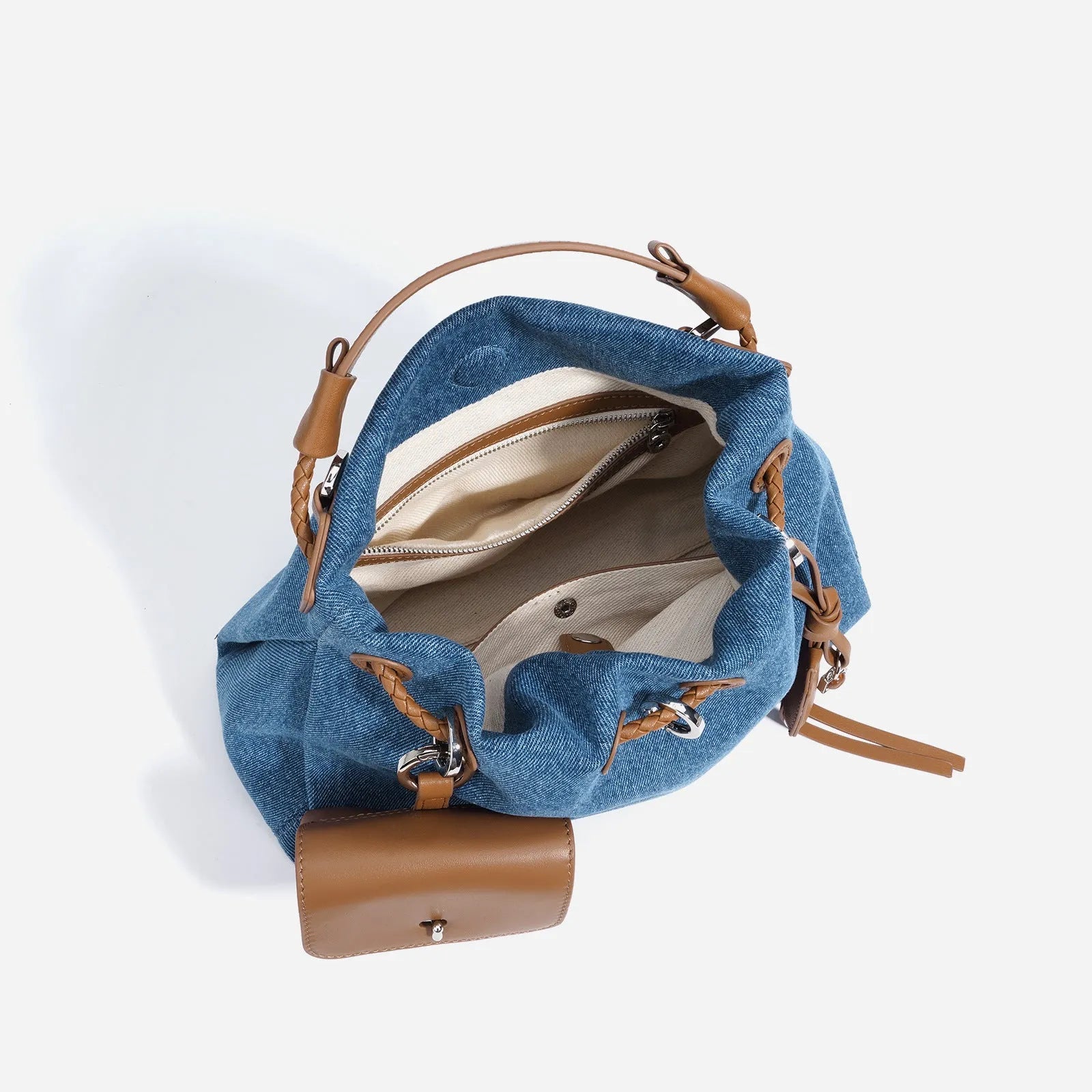 Denim oval handbag with open pocket, 29x20x12cm, urban simplicity style, blue option