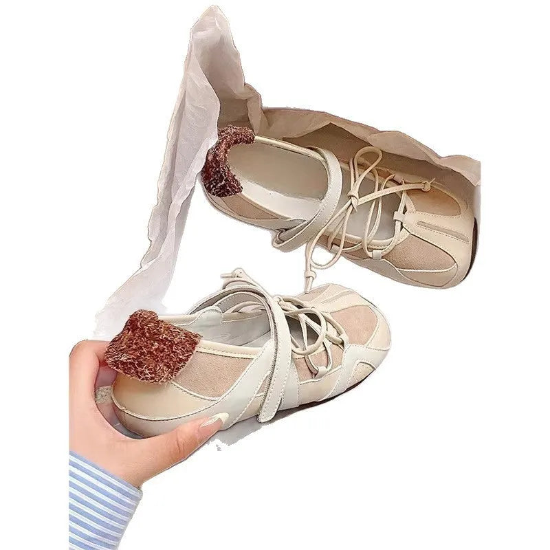 French style vintage Mary Jane ballet shoes with English muffin heel and round toe in beige colour