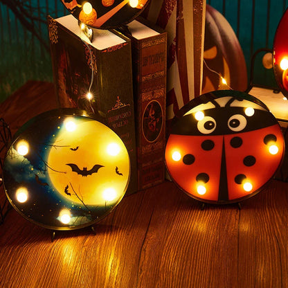 Halloween LED light decorations in pumpkin, ladybug, and bat designs