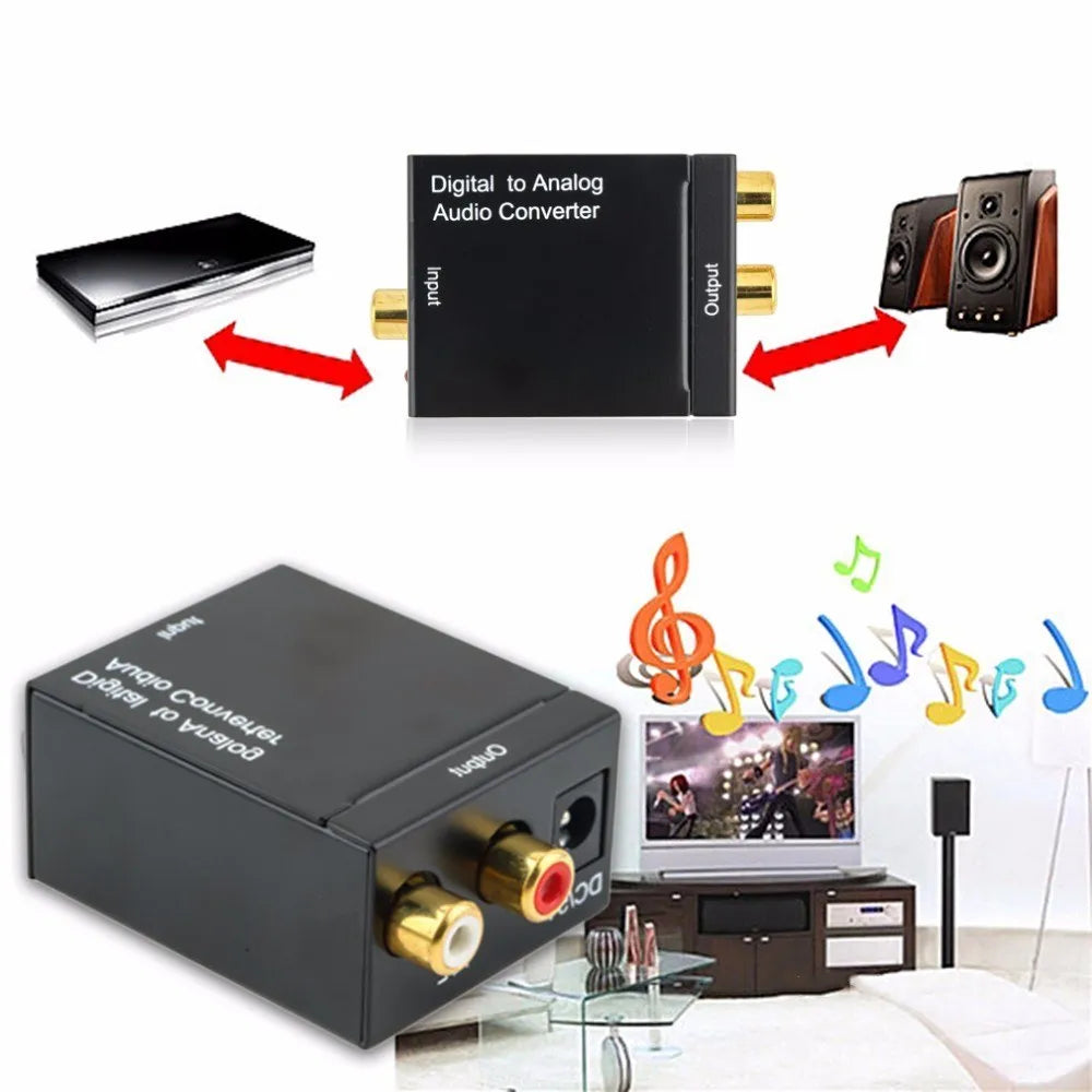 Black digital to analogue audio converter with Toslink and RCA inputs for optical and coaxial signal conversion