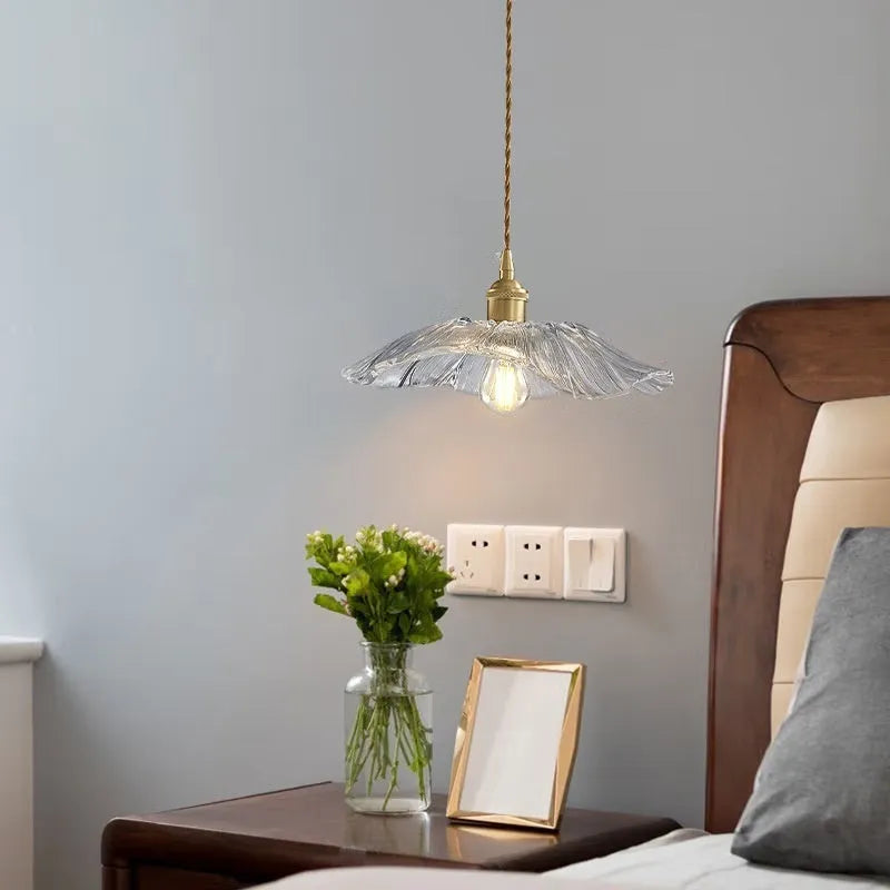 Nordic Japanese style Lotus Leaf Lamp with iron body and glass shade, shown as a pendant light