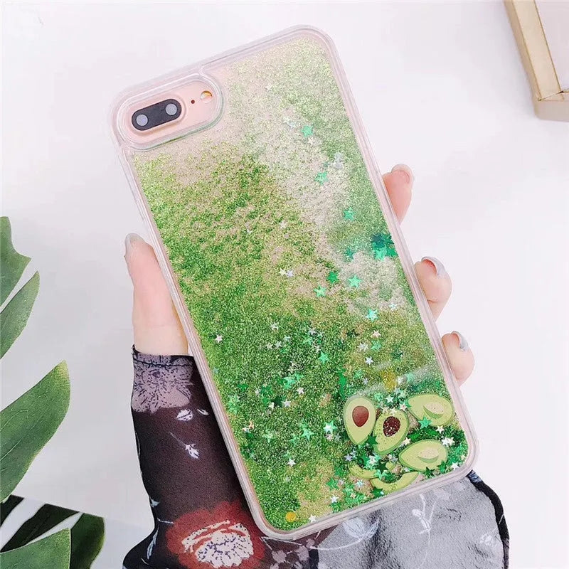 Avocado phone case with quicksand and rhinestone design back cover in colour A for iPhone 11