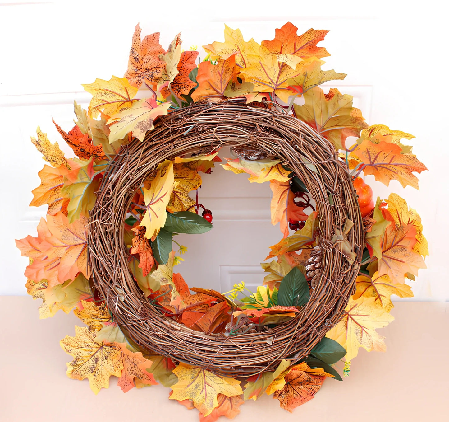 Autumn pumpkin wreath with 50cm diameter featuring fabric leaves and simulation pumpkins