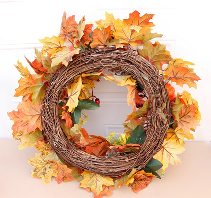 Autumn pumpkin wreath with 50cm diameter featuring fabric leaves and simulation pumpkins