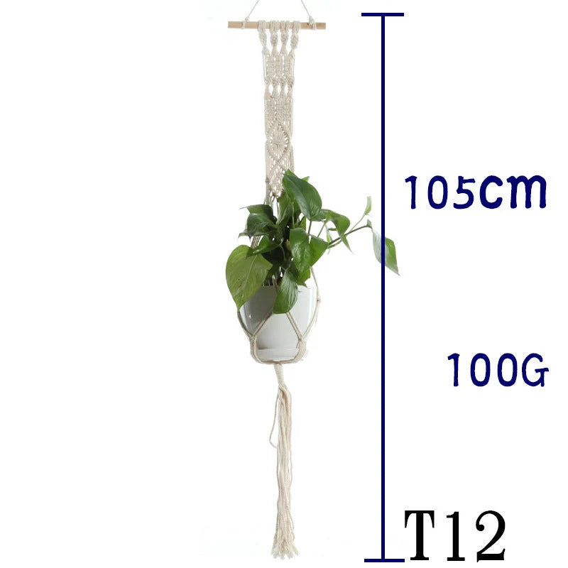 Handmade beige cotton rope flower pot net bag for indoor plants, American Country style
