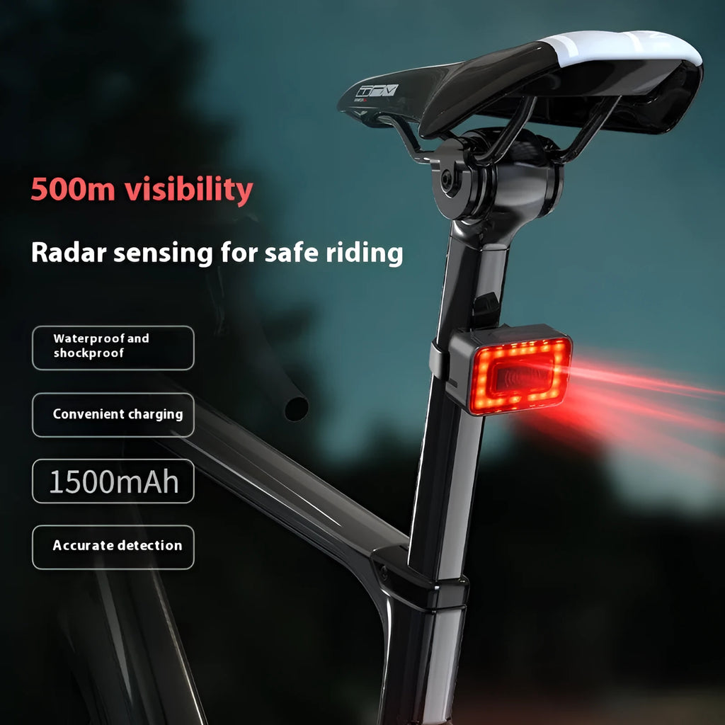 Smart millimeter wave radar bicycle taillight with double mounting bracket on a black background.