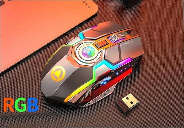 Wireless gaming mouse with RGB lighting and mute button in grey and black options