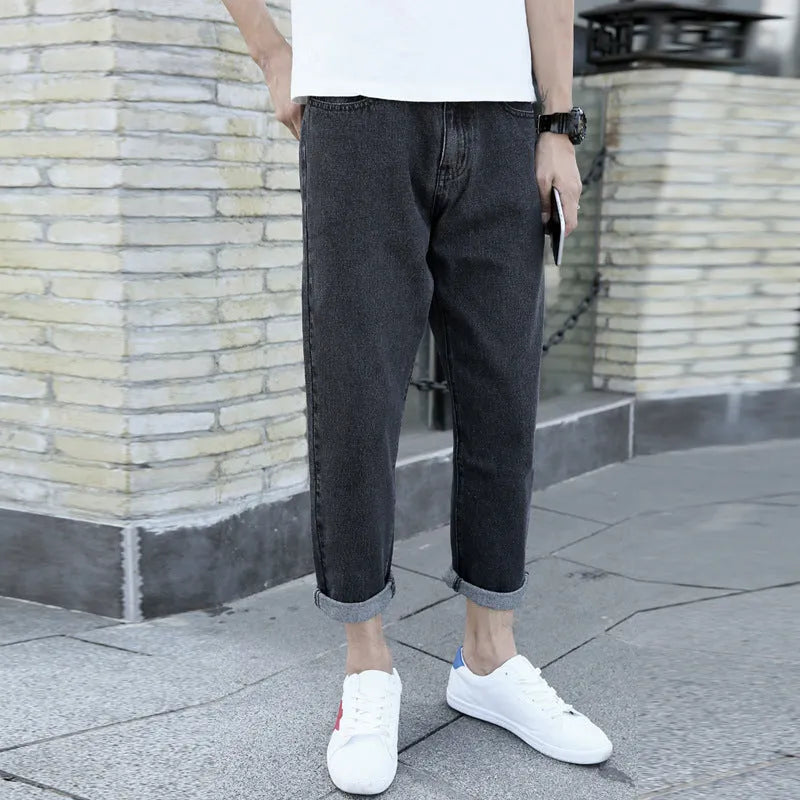 Men's loose straight leg jeans in black and blue colours with cotton fabric and casual college style.