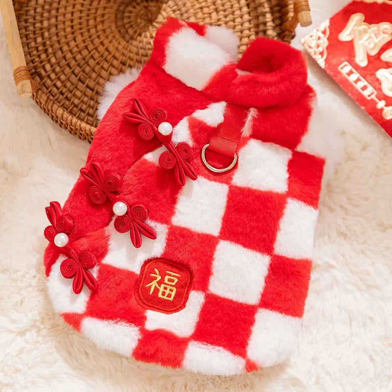 Red and white checkered plush dog vest with Qipao knots and golden Fu symbol for Chinese New Year