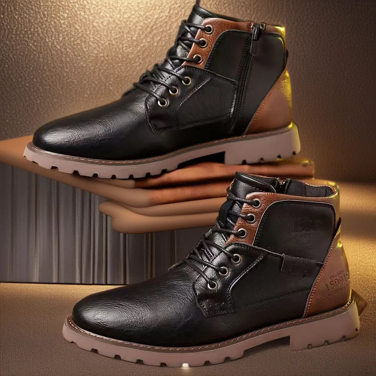 Men's brown and black side-zip ankle boots with round toe and rubber sole